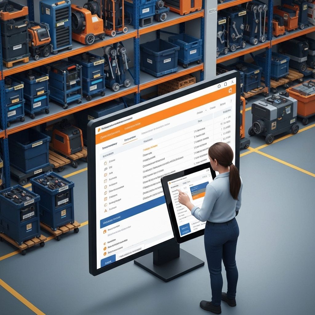 Asset management system interface showing equipment tracking, inventory management, and service history